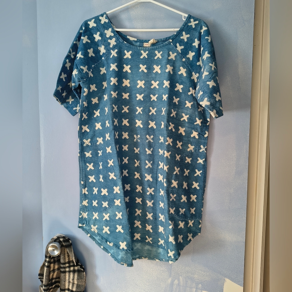 PO-EM Indigo Blue Cross Print Cotton Pullover Dress L - Picture 2 of 6